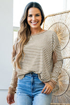 Khaki Stripe Thermal Knit Drop Shoulder Casual Top