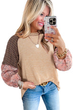 Jet Stream Floral Plaid Mixed Print Patchwork Raglan Ribbed Top