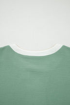 Smoke Green Color Block Patchwork V Neck Embroidered Puff Sleeve Babydoll Blouse