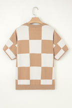Black Checkered Pattern Loose Drop Shoulder Half Sleeve Sweater