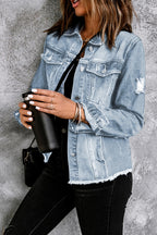 Light Blue Distressed Ripped Raw Hem Buttons Denim Jacket