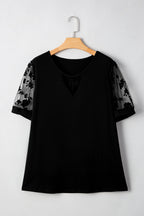 Black Plus Size Floral Mesh Patchwork Loose V Neck T Shirt