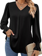 V-Neck Long Sleeve Ruffle Cuff Blouse