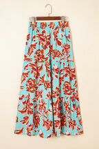 Blue Bohemian Floral Print Tiered Maxi Skirt with Split