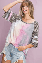 BiBi Tiedye French Terry with Leopard Sleeve Top