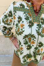 Green Plus Size Floral Printed Contrast Patchwork Detail Tassel Tie 3/4 Sleeve Blouse
