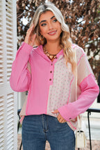 Pink Mixed Texture Waffle Floral Patchwork Hooded Oversized Pullover Top