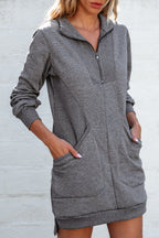 Black Zip up Collared Ribbed Patchwork Sweatshirt Dress with Pockets