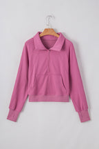 Smoke Green Quarter Zip Stand Neck Kangaroo Pocket Sweatshirt