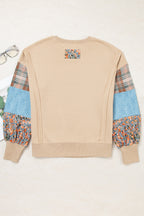 Smoke Gray Plaid Patchwork Sleeve Raw Seam Sweatshirt