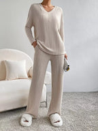 Ribbed Knit V-Neck Top and Pants Set