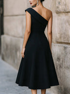 Women's Off-Shoulder Swing Dress – Solid Color Flowy Midi