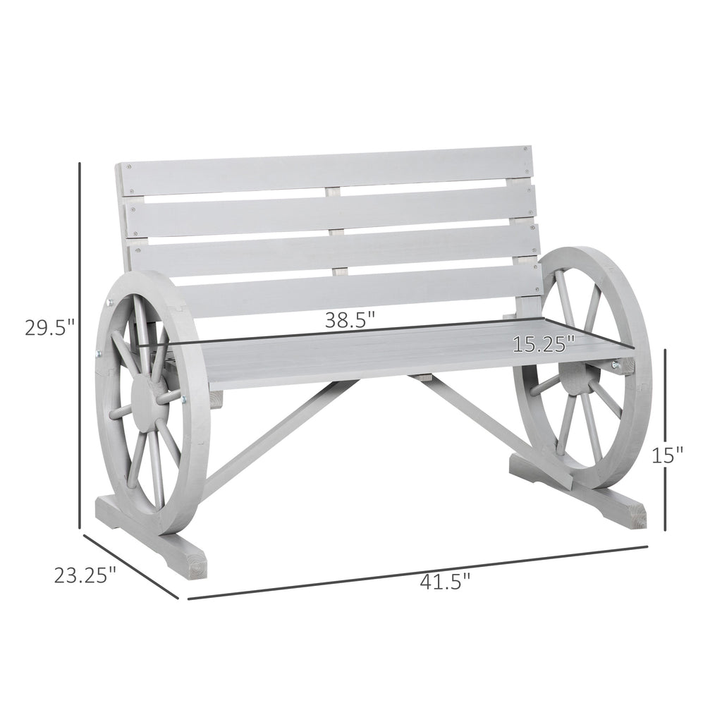41" Wooden Wagon Wheel Bench Rustic Outdoor Patio Weather Resistance Furniture 2-Person Slatted Seat Bench with Backrest Light Gray