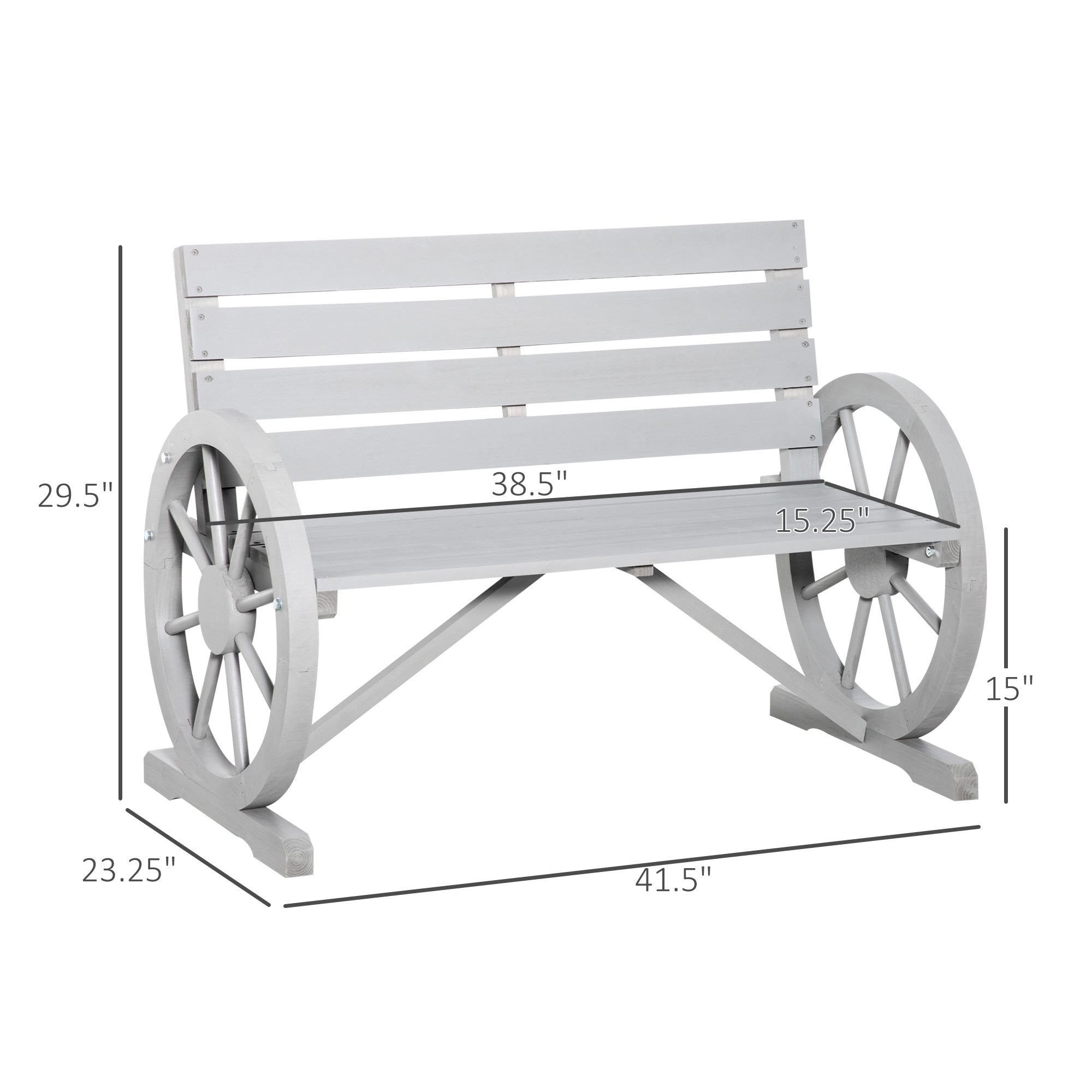 41" Wooden Wagon Wheel Bench Rustic Outdoor Patio Weather Resistance Furniture 2-Person Slatted Seat Bench with Backrest Light Gray
