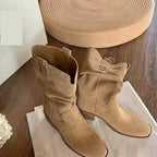 Autumn Western Pleated Short Cowhide Leather Boots for Women