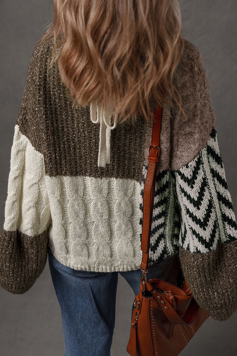 Brown Plus Size Color Block Patchwork Knotted Back Loose Fit Sweater