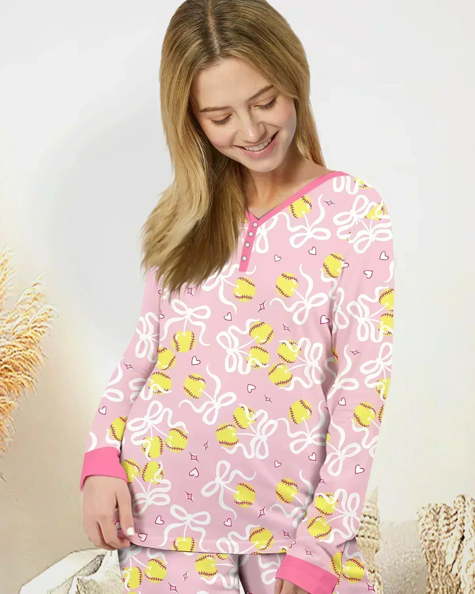 Softball Cherry Mom And Girl Matching Bamboo Women Pajama Set