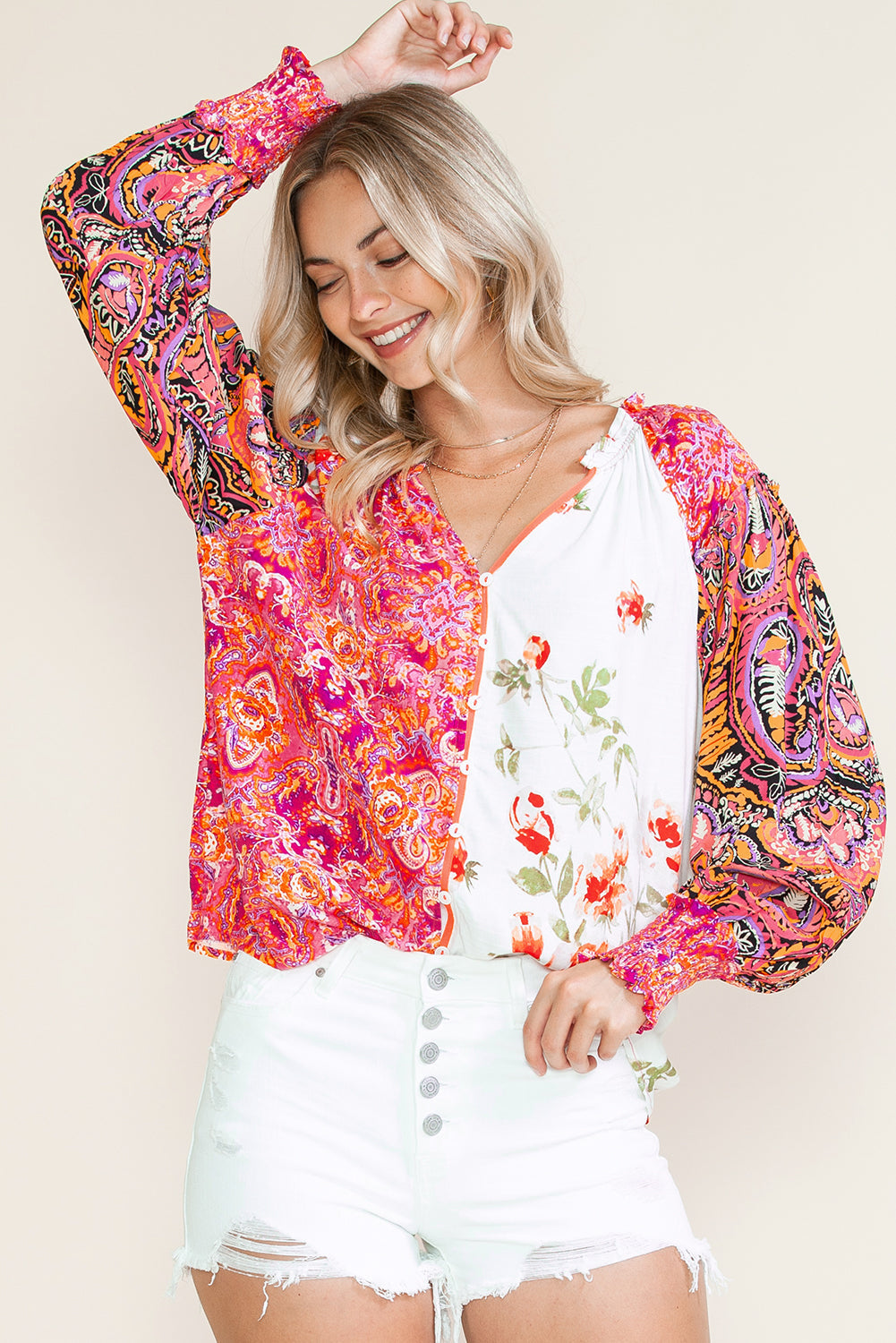 Multicolor Floral Patchwork Shirred Cuff Buttoned V Neck Blouse
