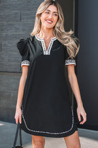 Black Leopard Trim Notched Neck Short Puff Sleeve Shift Mini Dress