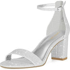 Pizz Annu Womens Size 7 Silver Glitter 2.5" Heel Open Toe Ankle Strap Shoes