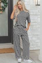Rose Checkered Print Half Sleeve Tee 2pcs Lounge Pant Set