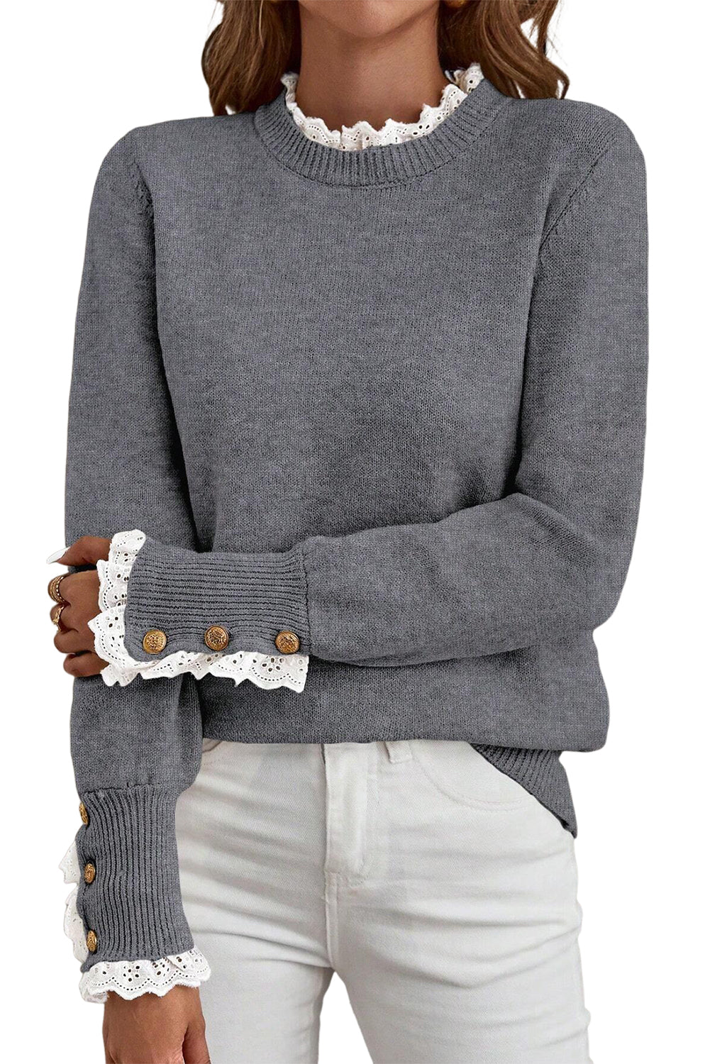 Sleet Lace Trim Patchwork Buttoned Cuffs Loose Sweater