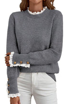 Sleet Lace Trim Patchwork Buttoned Cuffs Loose Sweater