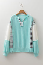 Rose Red Corded Texture Plaid Patchwork Split Neck Long Sleeve Top