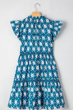Blue Retro Floral Print Split Neck Ruffle Short Sleeve Dress