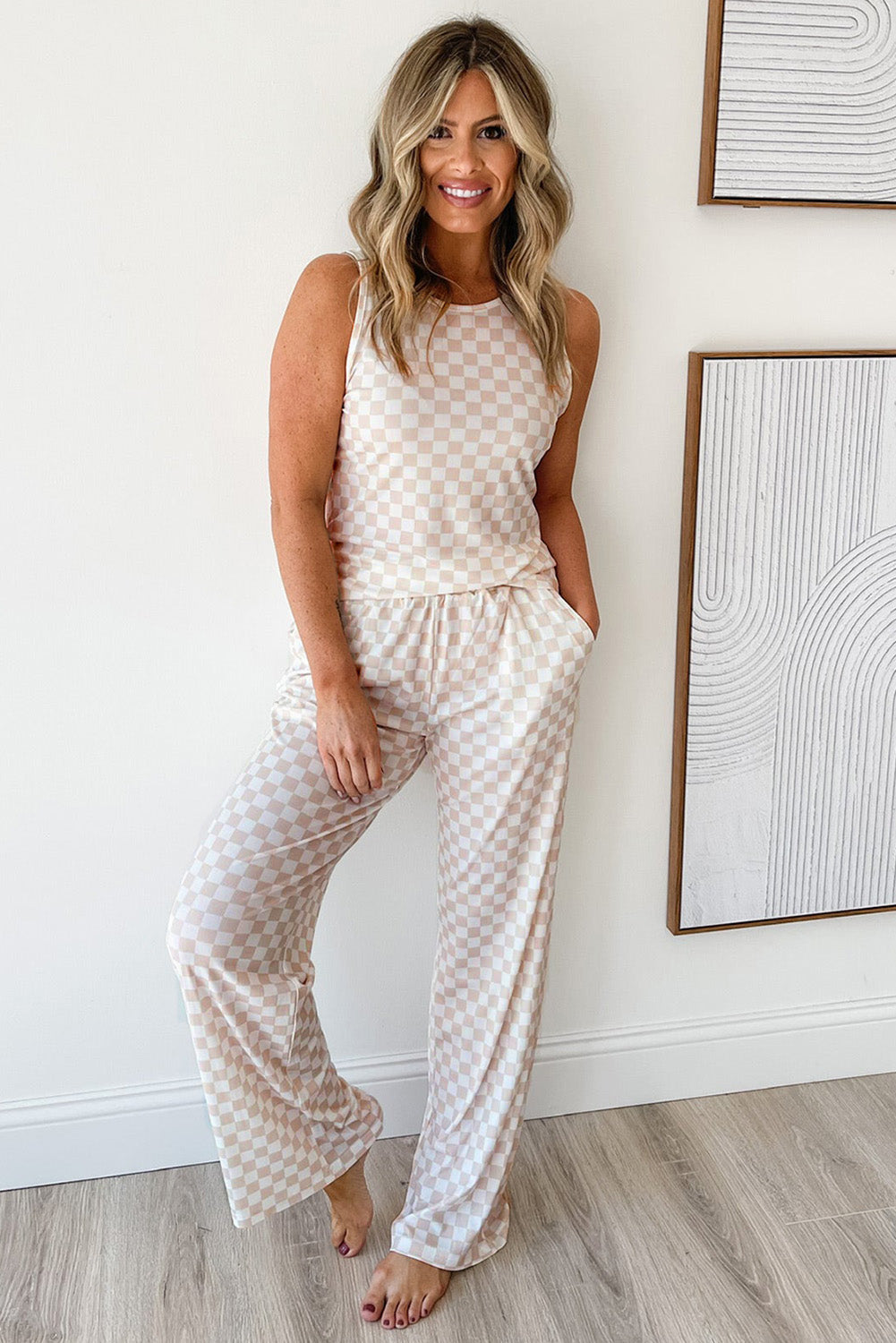 White Ribbed Texture Checkered Print 2pcs Tank and Pants Set