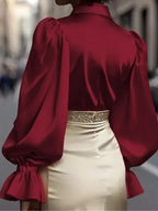 Satin Button Up Flounce Sleeve Shirt