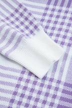 Lilac Plaid Print Ribbed Trim Loose Sweater