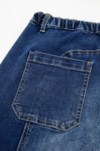 Prussian Blue Drawstring Seam Detail Raw Hem Wide Leg Denim Pants