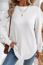 Black Ribbed Texture Round Neck Long Sleeve Rounded Hem Knit Top