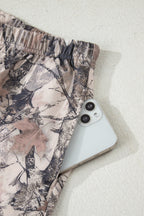Khaki Woodland Camo Print Long Sleeve Top Casual Short Set