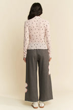 Davi & Dani Ribbon Bow Lace Hem Long Sleeve Mesh Layering Top