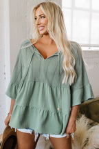 Laurel Green Tie Split Neck Textured Ruffle Patchwork Blouse