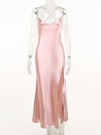 Slinky Satin Cowl Neck High Slit Dress with Back Lace Up