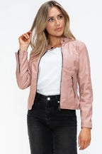 Snobbish Faux Leather Zip Up Drawstring Hooded Jacket