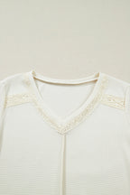 Beige Thermal Knit Lace Ruched Patchwork Long Sleeve V Neck Top