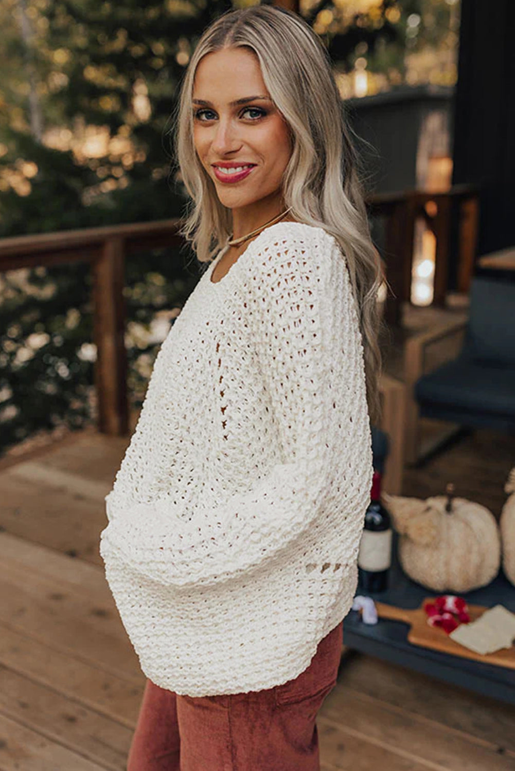 White Hollowed Detail Wide Sleeve Loose Pullover Sweater