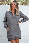 Dark Grey Zip up Collared Ribbed Patchwork Sweatshirt Dress with Pockets