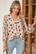 Khaki Leopard V Neck Bracelet Sleeve Blouse