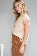 Gold Flame Patch Pocket Ribbed Knit Short Sleeve Sweater