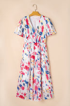 Sky Blue Abstract Print Short Puff Sleeve Tiered Maxi Dress