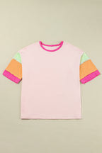 Pink Color Block Sleeve Round Neck Oversize Top