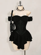One-Shoulder Dress with a Fitted Waist And Back Tie, Features Puff Sleeves And a Stylish, Elegant Cake Skirt
