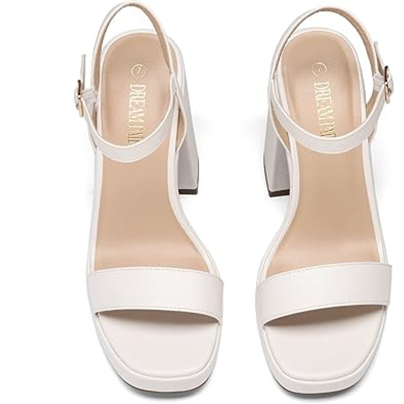 Dream Pairs Womens 8.5 White Faux Leather 4.5" Block Heel Open Toe Sandal Shoes