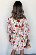 Beige Floral Print 3/4 Puff Sleeve Ricrac Trim Mini Dress