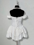 One-Shoulder Dress with a Fitted Waist And Back Tie, Features Puff Sleeves And a Stylish, Elegant Cake Skirt